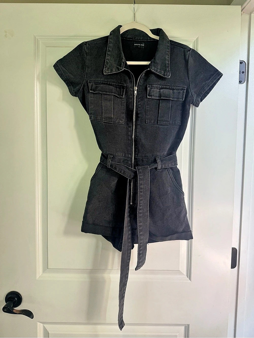 White Fox Boutique Summer Denim Romper – Black Acid Wash – Size S Like New